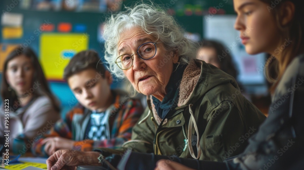 grandmother in a classroom as a student in high resolution and high quality
