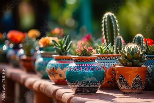 Traditional Mexican pottery displayed alongside Mexican cactus plants for a Cinco de Mayo celebration photo