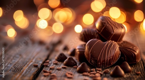 Chocolate heart shaped candies and chocolate on an elegant wooden table with blurred background of light glowing lights for Valentine's Day celebration.