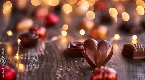 Chocolate heart shaped candies and chocolate on an elegant wooden table with blurred background of light glowing lights for Valentine s Day celebration.