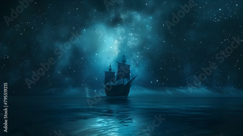 Ship Sailing into Uncharted Waters under Starry Skies,Symbolizing Journey of and Discovery photo