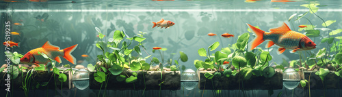 Detail a high-tech aquaponics system, focusing on the symbiotic relationship between fish and plants. Illustrate the water circulating from the fish tank to the plant roots, showcasing this innovative photo