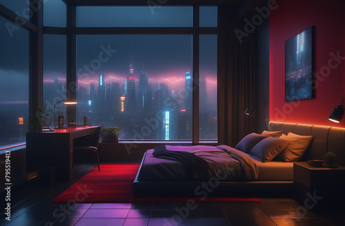 Interior of bedroom with dark blankets on bed,  and glowing lamp at night, raining outside