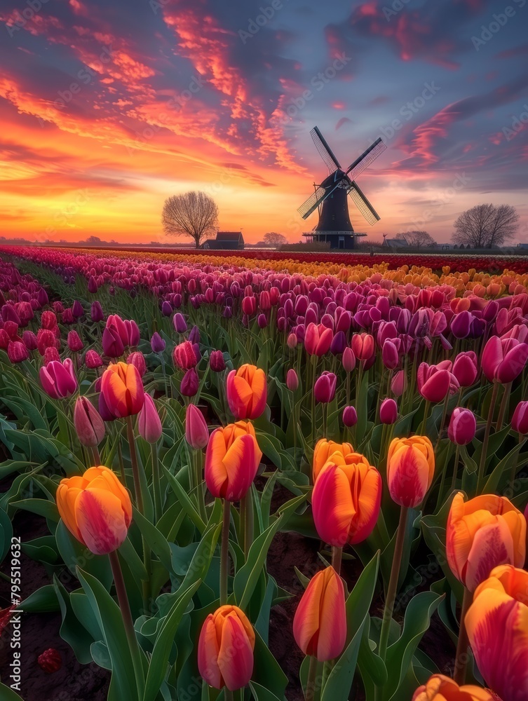 vibrant tulip field swaying gently in breeze onsunny day landscape photo