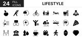 Collection of 24 lifestyle fill icons featuring editable strokes. These outline icons depict various modes of lifestyle. Health, sport, gym, healthy, exercise,