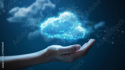 Cloud Computing: A 3D vector illustration of a hand holding a cloud with digital data inside
