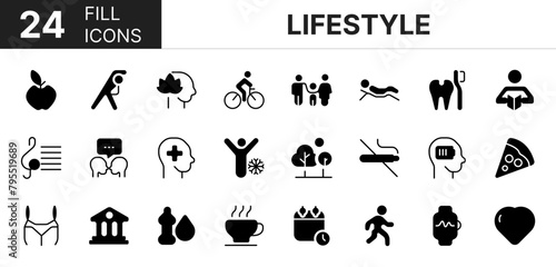 Collection of 24 lifestyle fill icons featuring editable strokes. These outline icons depict various modes of lifestyle. Health  sport  gym  healthy  exercise 