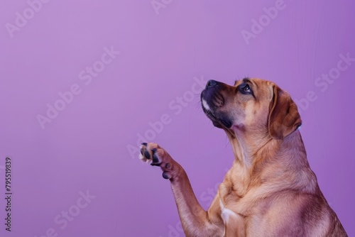 Alert Puggle raising a paw against lavender background  capturing curiosity and a sense of anticipation in domestic pets