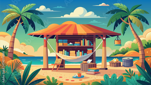 a lazy beach on an island. a bungalow with a stretched hammock. a mini library for reading books. tropical palm trees and blue ocean. the mood for the upcoming vacation.