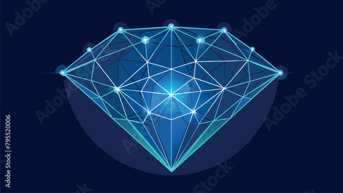 diamond made of symmetrical turquoise lines with round dots. element on a blue background. feeling of luxury and well-being
