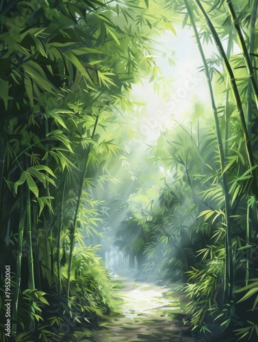 Dense Bamboo Forest Path  Serene Nature Trail Through Lush Greenery