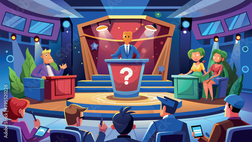 reality show with unknown questions. The TV presenter gives tasks to the participants. spectators enjoy the game