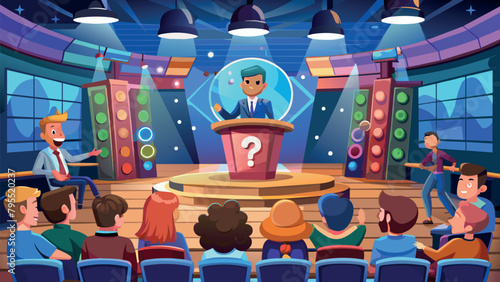 reality show with unknown questions. The TV presenter gives tasks to the participants. spectators enjoy the game