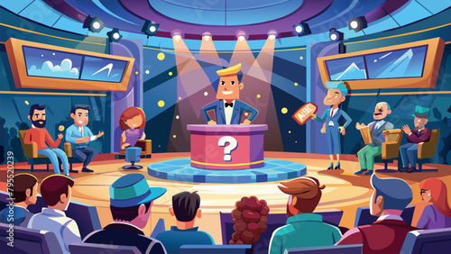 reality show with unknown questions. The TV presenter gives tasks to the participants. spectators enjoy the game