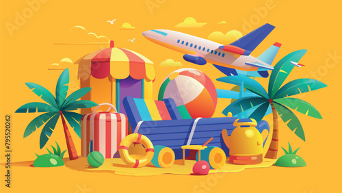 summer travel formula. Vacation elements in the form of an airplane, beach, palm trees, suitcases, sun lounger and parasol