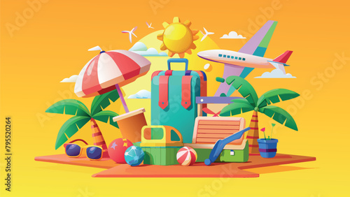 summer travel formula. Vacation elements in the form of an airplane, beach, palm trees, suitcases, sun lounger and parasol
