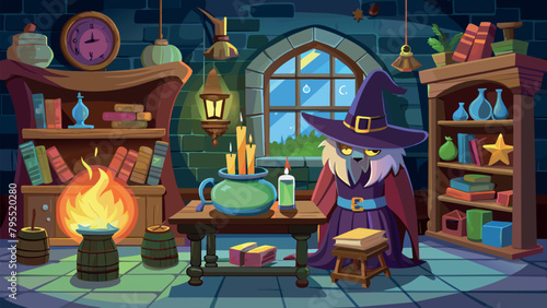 house of a witch or sorcerer with a bunch of different elements in the form of a potion, a book of spells, an open fire,