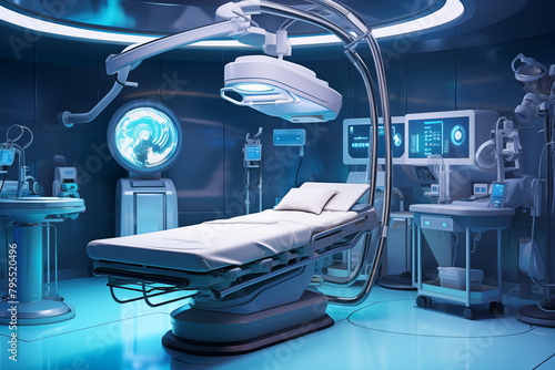 Surreal digital painting depicting a futuristic operating room with advanced medical technology photo