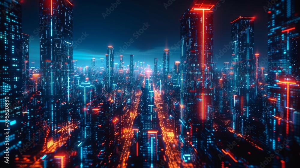 Digital Innovation: A picture of a cityscape at night, illuminated by futuristic digital billboards and light displays
