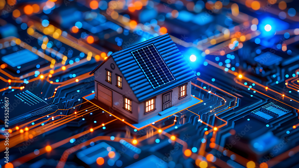 Obraz premium Circuit board house. Home automation concept. Home Energy Management Systems AI.