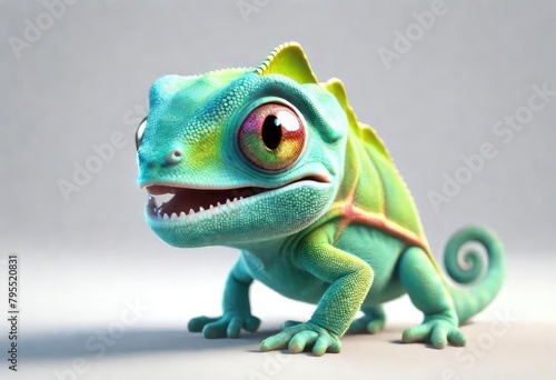 A Adorable 3d rendered cute happy smiling and joyful baby chameleon cartoon character on white backdrop