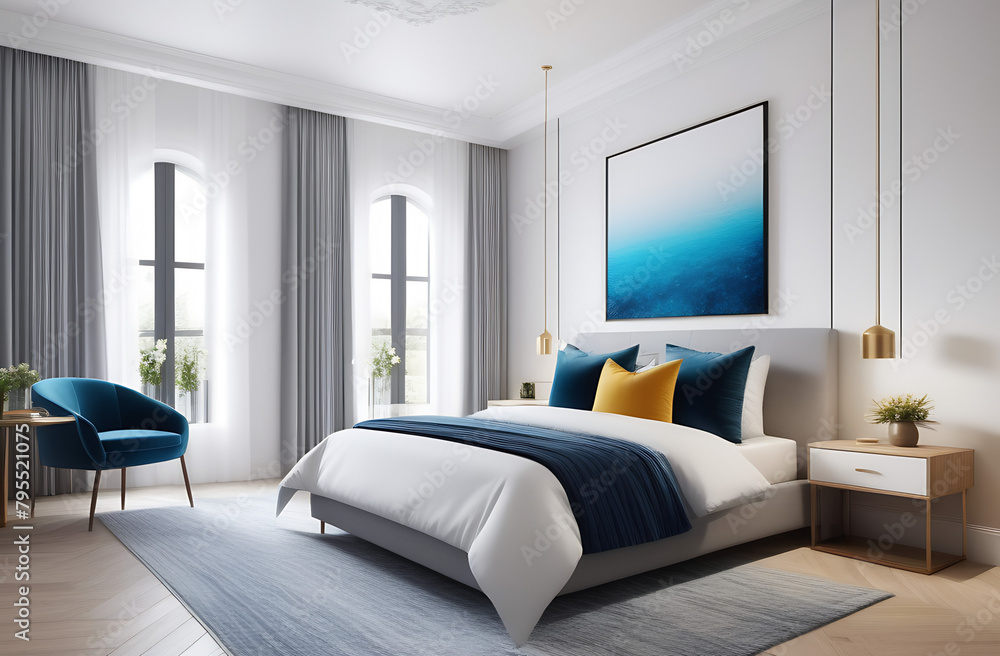 Interior of bedroom with bigmodern bed, big picture, carpet and window. Cozy interior with brightly details Interior of bedroom with bigmodern bed, big picture, carpet and window. Cozy interior with brightly details