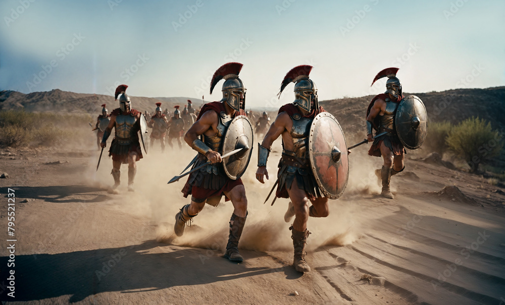 Ancient historical soldiers or Roman warlord attacks, running so