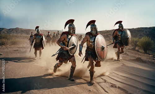 Ancient historical soldiers or Roman warlord attacks, running so photo