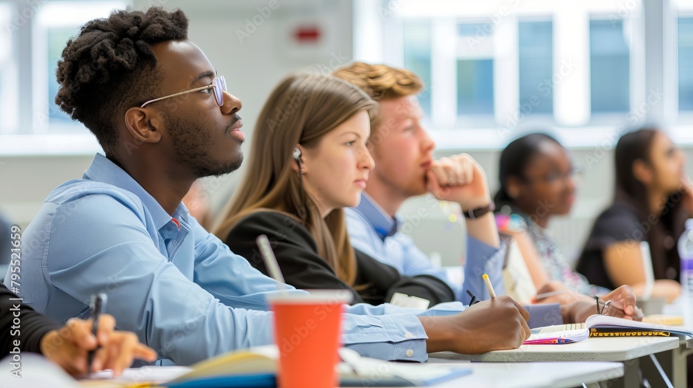 Young adults attending a workshop, actively participating and taking notes, set in a bright, modern classroom environment, super realistic Young adults attending a workshop, actively participating and taking notes, set in a bright, modern classroom environment, super realistic