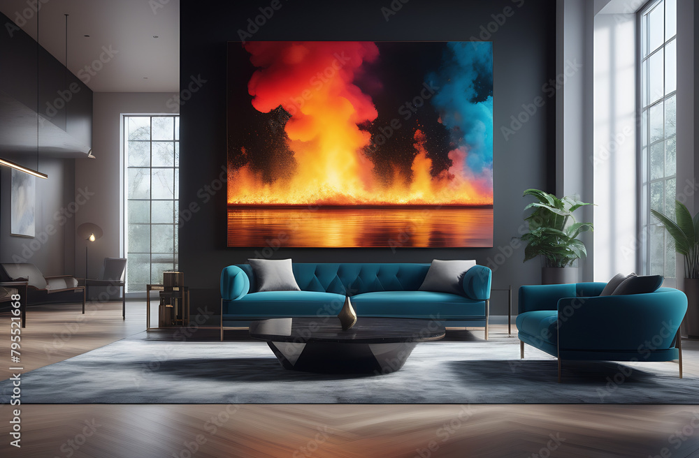 Fototapeta premium Interior of living room with dark modern sofa, big picture, carpet and window. Cozy interior with yellow details 