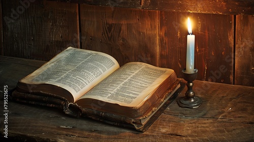 A solemn scene of an old, worn prayer book open on a wooden table with a single candle burning beside it, suggesting private devotion, super realistic