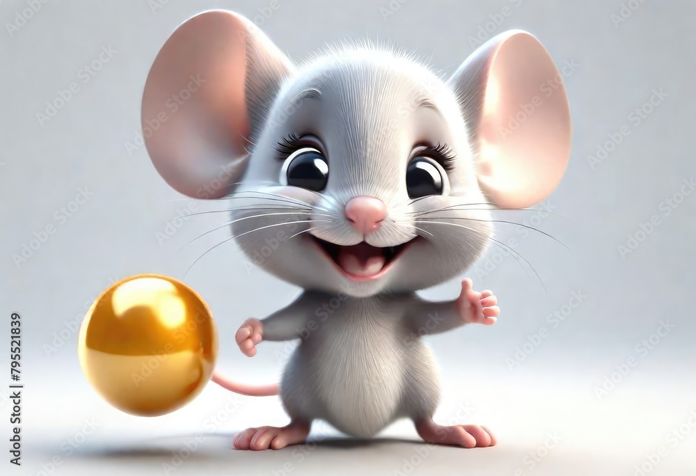 A Adorable 3d rendered cute happy smiling and joyful baby mouse cartoon character on white backdrop 