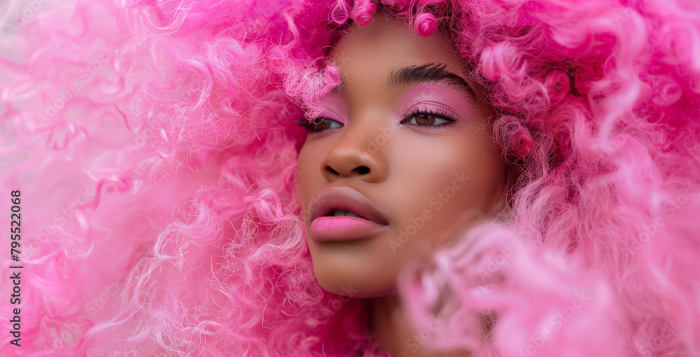 Lively African woman model with brown short afro hairstyle and a pink shirt on a pink background posing and looking at the camera.