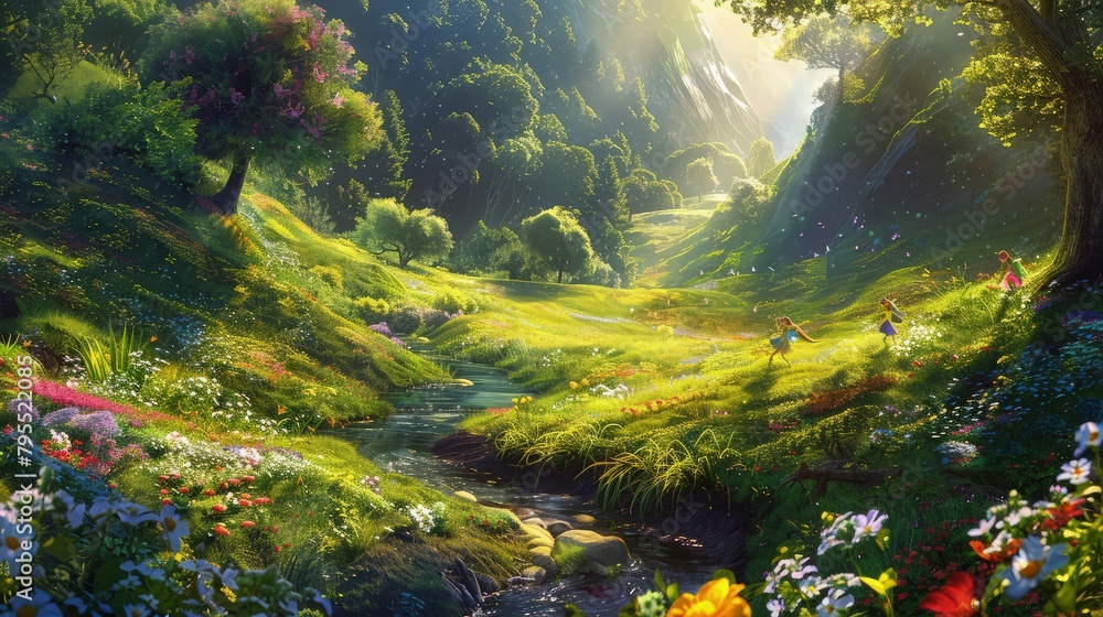 A serene summer forest landscape featuring tall, lush green trees under a clear blue sky. The ground is carpeted with vibrant green grass and dotted with small wildflowers in various colors. A serene summer forest landscape featuring tall, lush green trees under a clear blue sky. The ground is carpeted with vibrant green grass and dotted with small wildflowers in various colors.