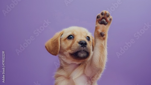 Golden Labrador puppy with paw lifted, gazing upward with an innocent look on a purple background, Concept of pet curiosity and training