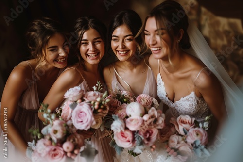 Bride woman with her bridesmaids smiling with bouquets of flowers