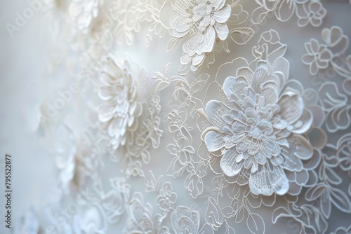 Intricate lace decoration against a soft transparent white backdrop, ideal for romantic designs © Cloudyew