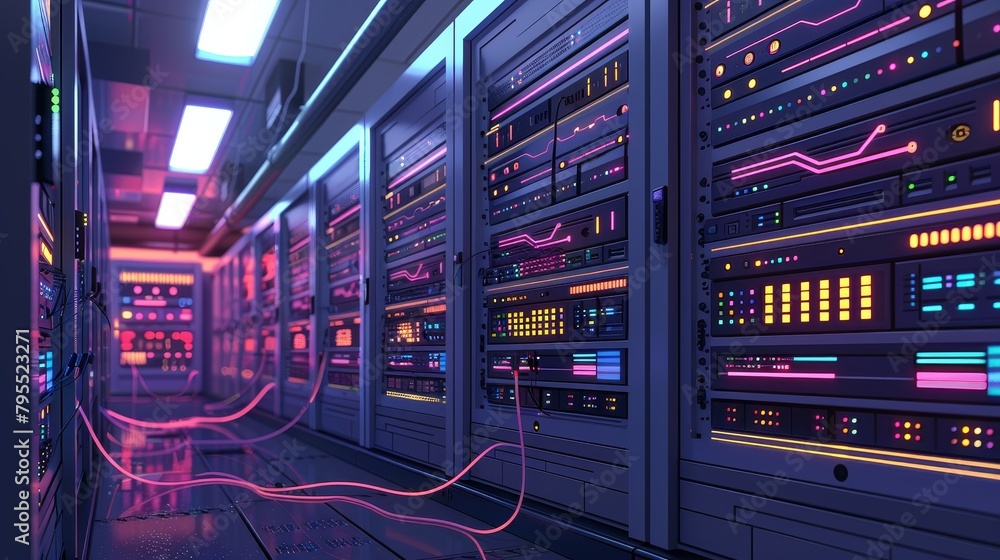 Naklejka premium Internet Infrastructure: A 3D vector illustration of network switches and routers in a data center