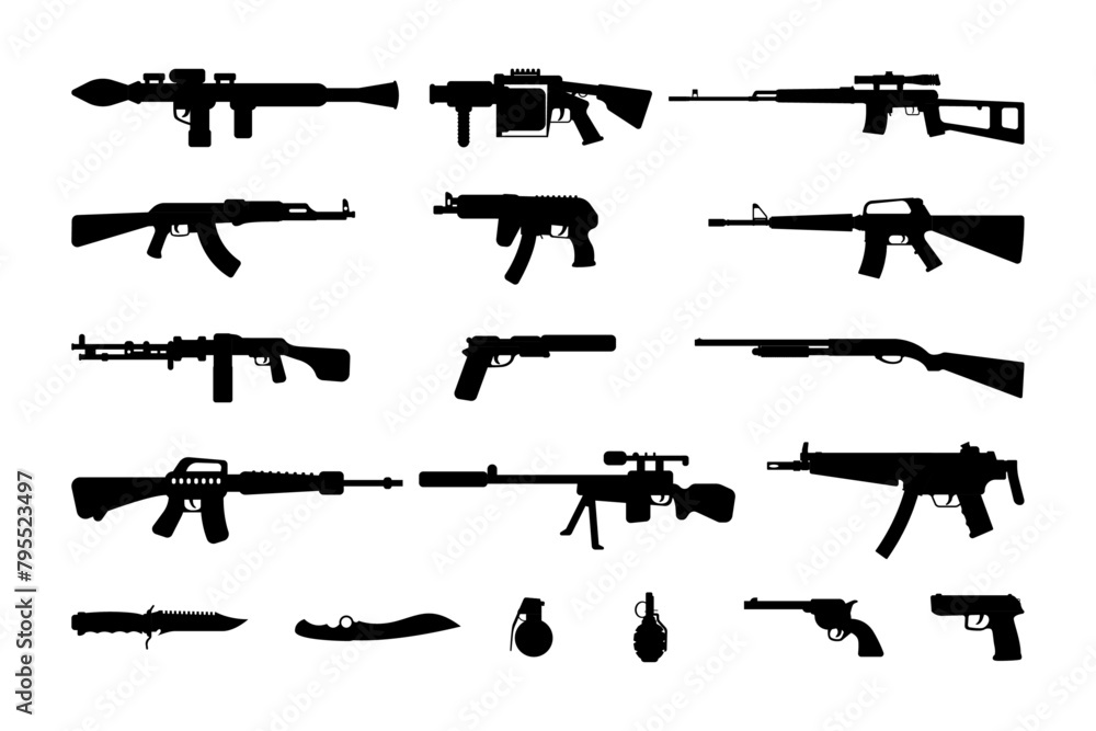 Weapons silhouette side view set