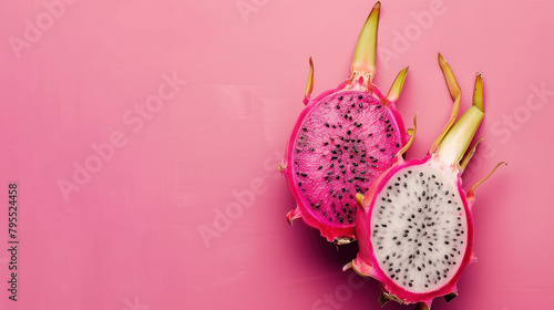 Halved dragon fruit on pink background © reddish
