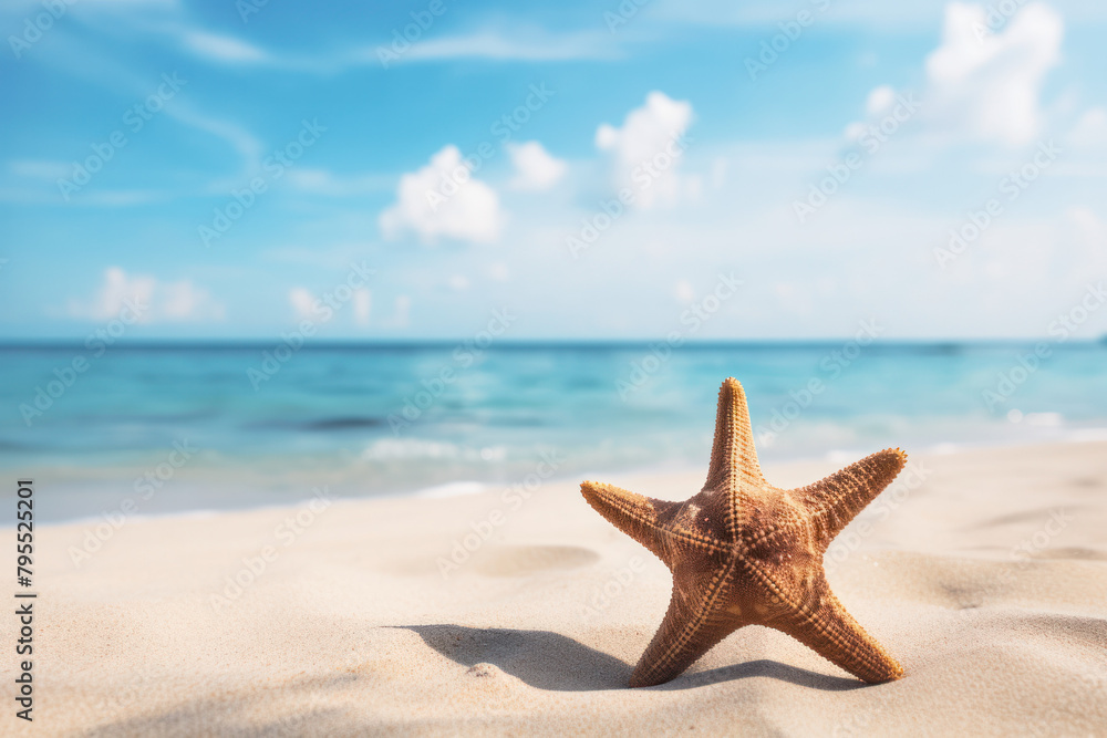 Starfish on sandy beach by ocean, summer background, copy space Starfish on sandy beach by ocean, summer background, copy space