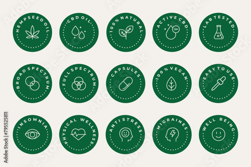 CBD oil benefits vector icons set collection. Editable stroke. Hemp seed oil, cbd oil, vegan, natural, well being,hormonal wellness, chronic pain, laboratory tested, insomnia, anti stress, migraine.