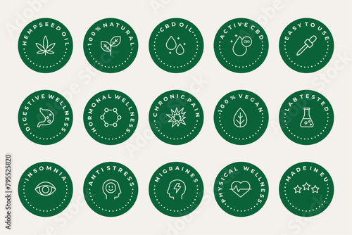 CBD oil benefits vector icons set collection. Editable stroke. Hemp seed oil, vegan,  digestive, hormonal wellness, chronic pain,  laboratory tested,
insomnia, anti stress, migraine.