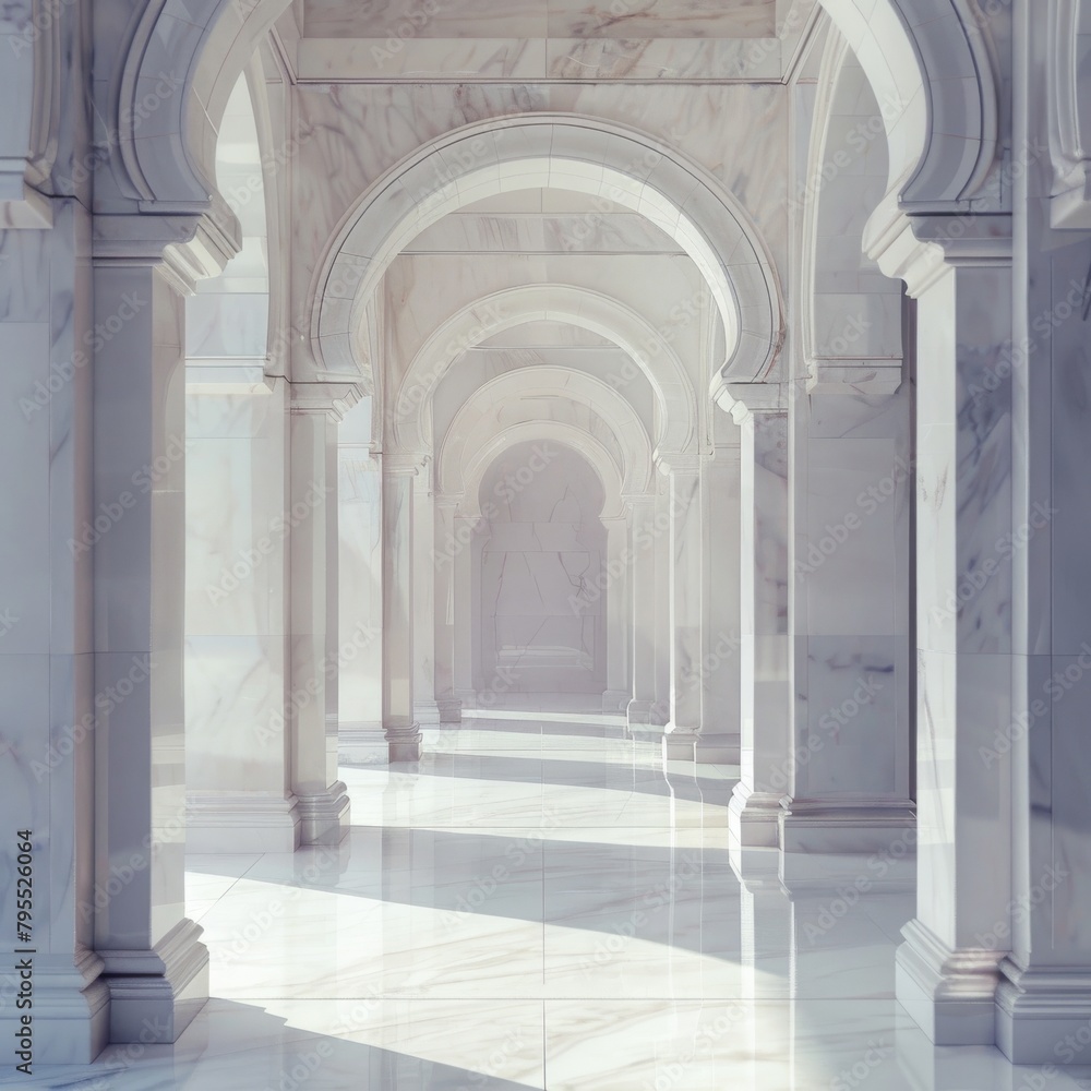Minimalist cathedral corridor lined with pristine white marble columns a path of purity and reflection
