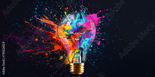 Light bulb exploding with colorful paint splashes on a black background Concept of power of new ideas Lightbulb eureka moment with Impactful and inspiring artistic colorful explosion  photo