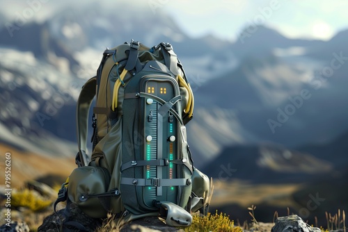 A conceptual image of a backpack equipped with a Ni-63 betavoltaic battery, enabling hikers to carry renewable energy wherever they go photo