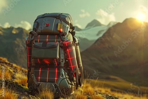 A conceptual image of a backpack equipped with a Ni-63 betavoltaic battery, enabling hikers to carry renewable energy wherever they go photo