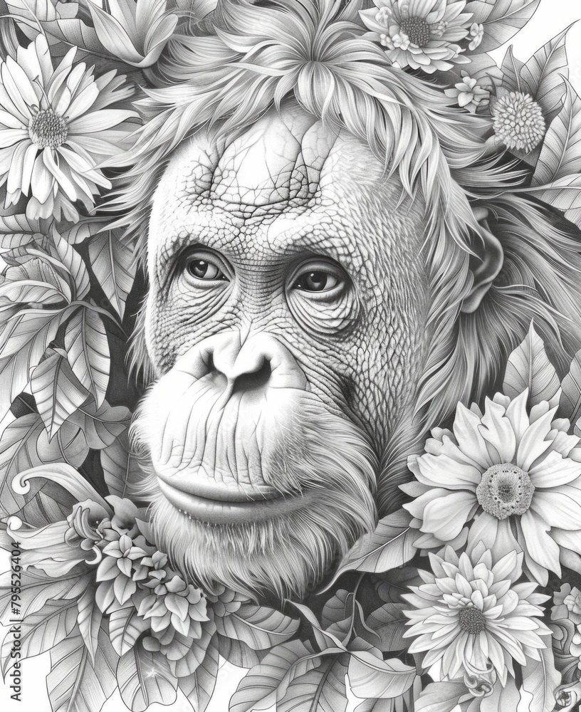 Fototapeta premium Detailed Illustration of a Chimpanzee Amongst Floral Elements