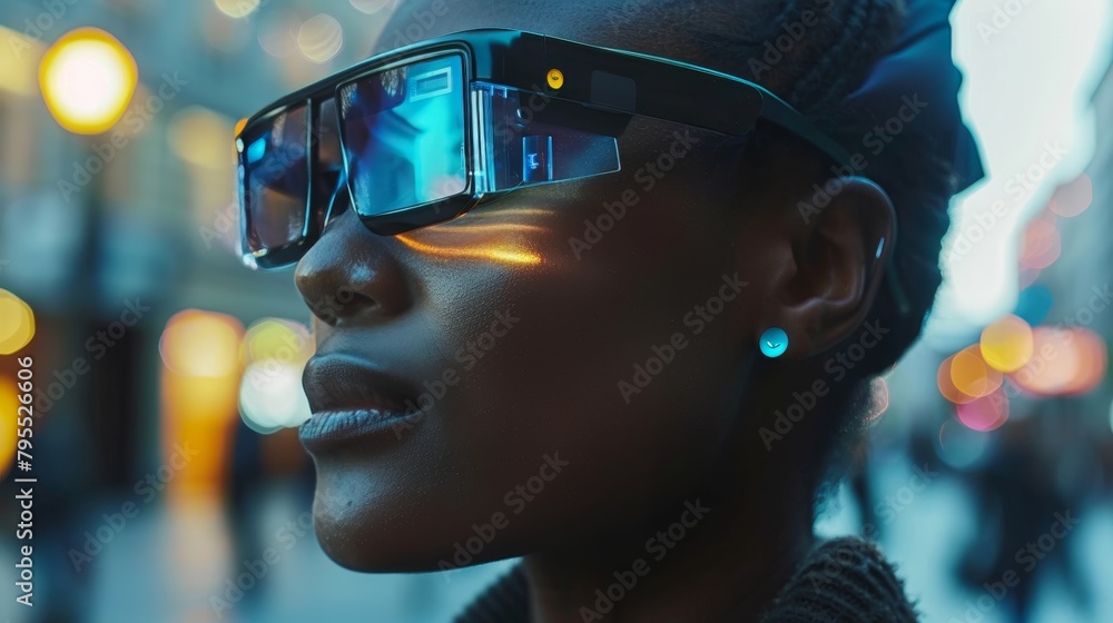 Wireless Technology: An image of a person wearing smart glasses connected to a smartphone via Bluetooth Wireless Technology: An image of a person wearing smart glasses connected to a smartphone via Bluetooth