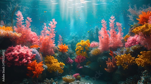 In the depths  coral reefs create a mesmerizing tapestry of shapes and colors  a testament to